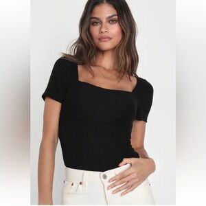 Lulus Quintessential Muse Black Ribbed Short Sleeve Top